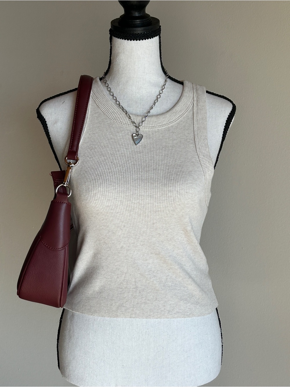 Aerie Cream Beige Ribbed High Neck Fitted Tank Top Small